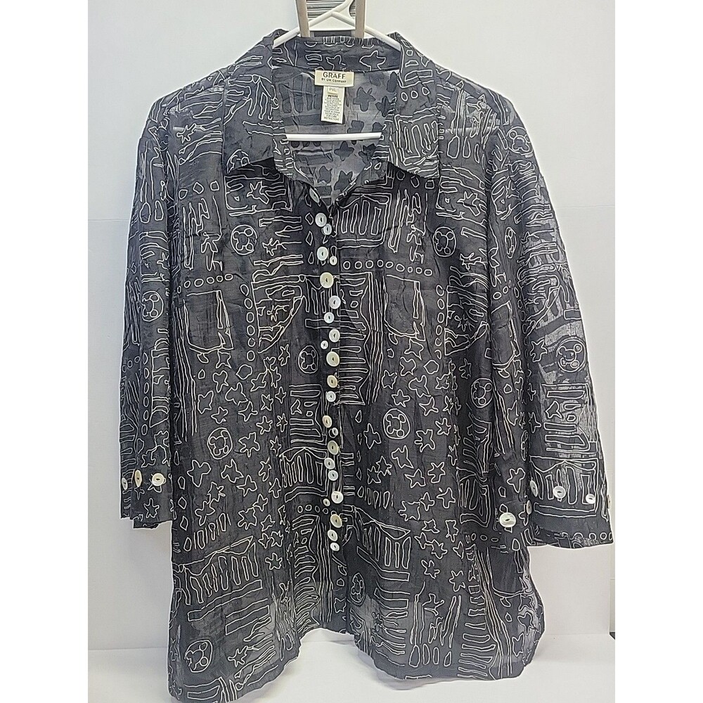Graff CA Black Linen Blend Blouse Tropical Beach Shell Button Up Vtg PXL